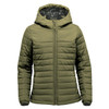 A women's quilted hoody in olive green with a zip front and a hood, featuring a patterned interior.