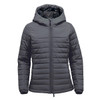 A grey women's quilted hooded jumper featuring a zip front and a logo.