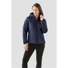 A navy women's quilted hoody with a hood and zippered front, featuring a logo.