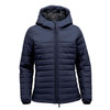 A women's navy quilted hoody with a zip front, hood, and ribbed cuffs; features a logo on the chest.