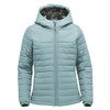 A women's quilted hoody in a soft blue colour, featuring a hood and zip closure. It has a subtle logo on the design.
