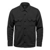 A unisex charcoal fleece shacket featuring a button-up front and two chest pockets. It has a simple logo on the label.