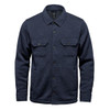 A navy blue unisex fleece shacket featuring a button-up front and two chest pockets, with a logo on the label.