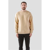 A men's fleece crew neck sweater in a light tan colour, featuring a logo and relaxed fit.