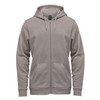 A full zip hoody in a muted beige colour featuring a hood and front pockets, with a logo on the chest.