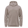 A light grey fleece pullover hoody featuring a front pocket and adjustable drawstring hood. It has a logo.