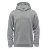 A grey fleece pullover hoodie with a front pocket and drawstring hood. It has a branding logo.
