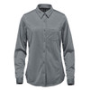 A women's button-up shirt in a grey fabric, featuring long sleeves and a chest pocket. The shirt has a branding logo.