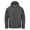 A grey-green thermal shell jacket with a hood, featuring zippered pockets and a logo.