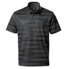 A dark grey polo shirt with horizontal stripes and a collar. It features a logo on the chest.