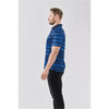 A side view of a men's polo shirt in blue with horizontal stripes. The shirt features a collar and has a logo on it.