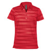 A red women's polo shirt with horizontal stripes and a collared neckline, featuring a logo on the label.