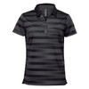 A women's polo shirt in black with grey stripes, featuring a collar and buttons. It includes a logo on the chest.