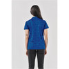 A blue women's polo shirt with a patterned design, displayed from the back. It features a logo on the collar.