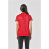 A red women's polo shirt with a subtle pattern, featuring a collar and short sleeves. It has a logo on the front.