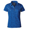 A blue women's polo shirt with a geometric pattern and a collar, featuring a logo on the front.