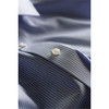 A blue and white striped button-up shirt featuring a classic collar and buttons. It has a logo on it.