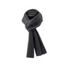 A dark grey knit scarf with a simple, elegant design, featuring a logo.