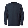 A men's navy blue henley shirt with a rounded neckline and buttons, featuring long sleeves and ribbed cuffs.
