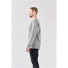 A grey long-sleeve Henley shirt is displayed on a model from the side, featuring a simple design and a logo.