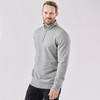 A grey men's quarter zip pullover with a high collar and a fitted silhouette. It features a logo on the front.