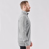 A grey men's 1/4 zip pullover with a high collar, featuring a logo on one side.