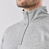 A men's grey pullover with a 1/4 zip collar, featuring a logo on the chest.