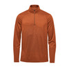 A men's Milano 1/4 zip pullover in a rich orange shade, featuring long sleeves and a zip collar. Includes a small logo.