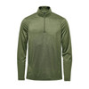 A green men's pullover featuring a 1/4 zip and long sleeves. It has a logo on the chest.