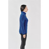 A side view of a women's full zip jacket in blue, featuring a collar and a logo.