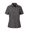 A short-sleeved women's button-up shirt in dark grey with a dotted pattern and a logo.
