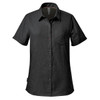 A black short-sleeve button-up shirt with a chest pocket and subtle speckled pattern. Includes a logo.