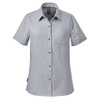 A light grey button-up shirt with short sleeves and a chest pocket, featuring a logo.