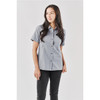 A short-sleeved, button-up shirt in grey, modelled by a woman, featuring a logo on the chest area.