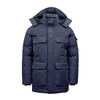 A navy blue Men's Denali Parka featuring multiple pockets and a hood, complete with a logo on the sleeve.