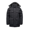 A black Men's Denali Parka with multiple pockets and a hood, featuring a logo on one sleeve.