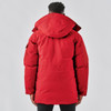 A red Men's Denali Parka with a hood, featuring a zip closure and a logo on the sleeve.