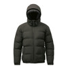 A green thermal jacket with a hood, featuring a zip closure and side pockets. It has a smooth, padded design.