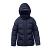 A navy blue women's thermal jacket with a hood, featuring a padded design and front snap closure.