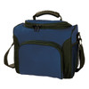A blue and black cooler bag with a zip closure, carrying handle, and adjustable shoulder strap. Features a logo.
