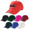 A red cap with a logo, surrounded by caps in black, green, pink, burgundy, blue, and white.