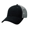 A black Lo-Pro Mesh Trucker Cap with a grey mesh back and a rounded brim, featuring a logo on the front.