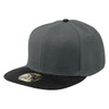 A grey cap with a black brim and a circular logo on the front.