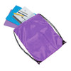 A purple drawstring bag containing notebooks and pens, featuring a logo on the bag.