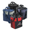 A large cooler bag in various colours, including navy, grey, black, and red, featuring multiple handles and a logo.