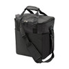 A black cooler bag with a zippered top, short handles, and a removable shoulder strap. It has an outer pocket and a logo.