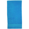 A vibrant blue Terry Velour Towel with a solid border, featuring a branding logo.
