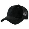 A black premium soft mesh cap with a solid front and mesh back, featuring a curved peak and a logo.