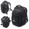 A black Exton Laptop Backpack with multiple compartments, padded straps, and a logo on the front.