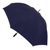 A navy blue umbrella featuring a black handle and a simplistic design, with a logo on the fabric.